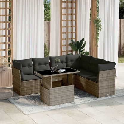 Salon de jardin avec coussins 7 pcs gris résine tressée