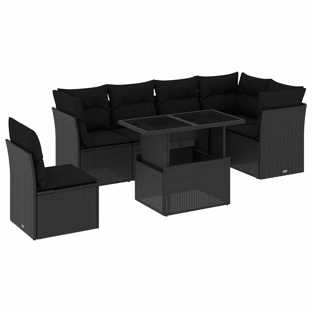 Salon de jardin 7 pcs avec coussins noir résine tressée