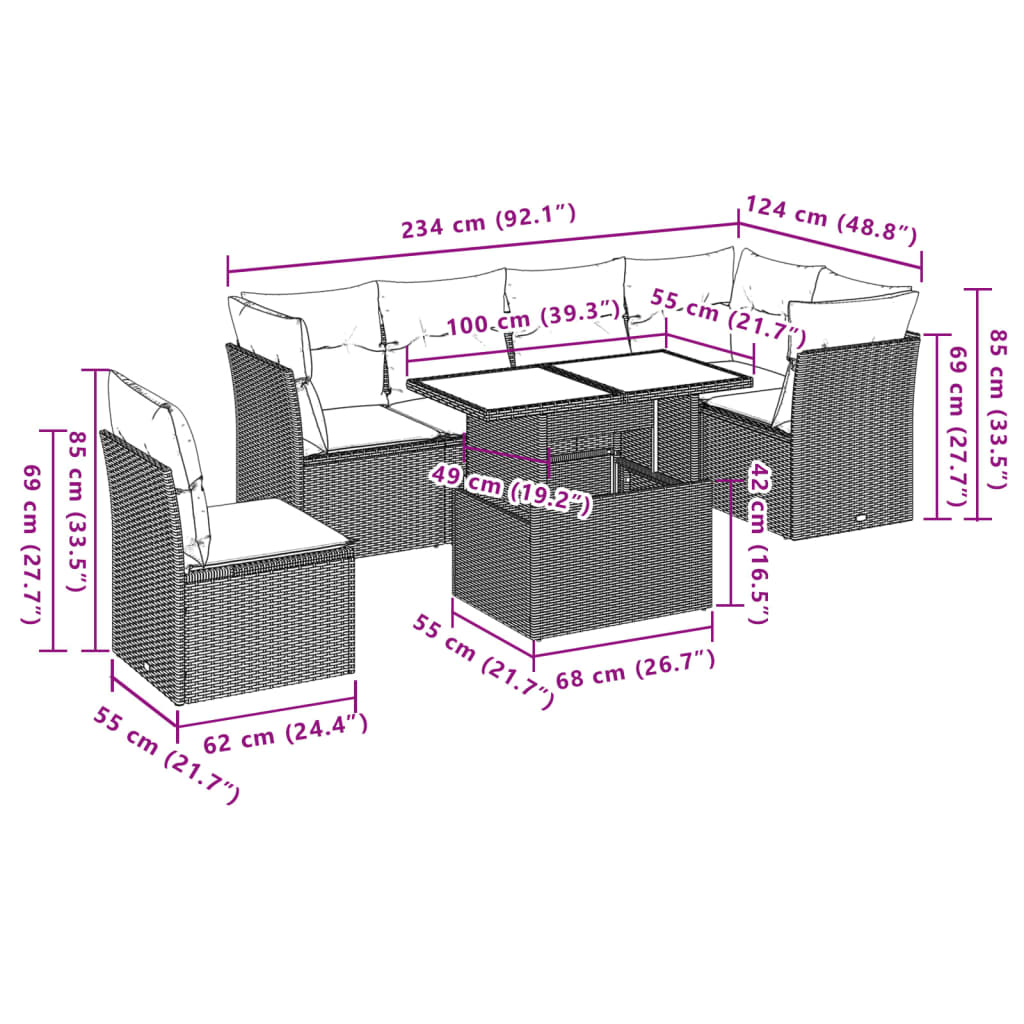 Salon de jardin avec coussins 7 pcs gris résine tressée