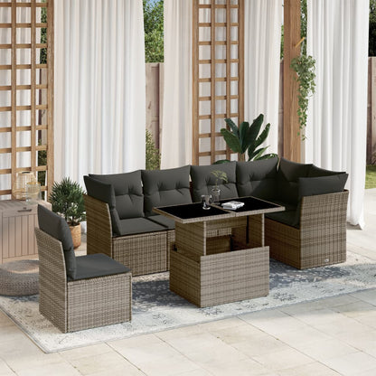 Salon de jardin avec coussins 7 pcs gris résine tressée