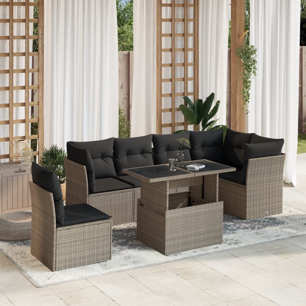 Salon de jardin avec coussins 7 pcs gris clair résine tressée