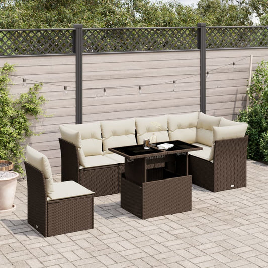 Salon de jardin avec coussins 7 pcs marron résine tressée