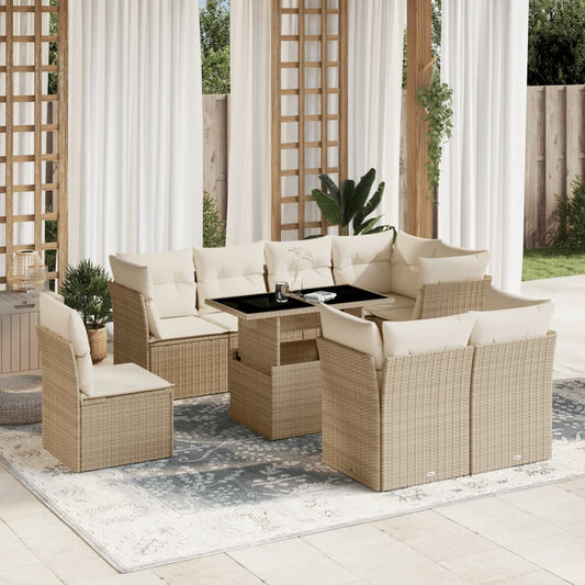 Salon de jardin avec coussins 9 pcs beige résine tressée