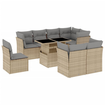 Salon de jardin avec coussins 9 pcs beige résine tressée