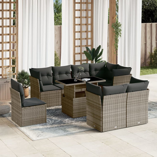 Salon de jardin 9 pcs avec coussins gris résine tressée