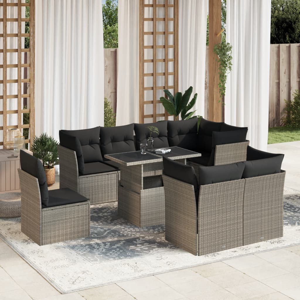 Salon de jardin 9 pcs avec coussins gris clair résine tressée