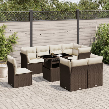 Salon de jardin avec coussins 9 pcs marron résine tressée