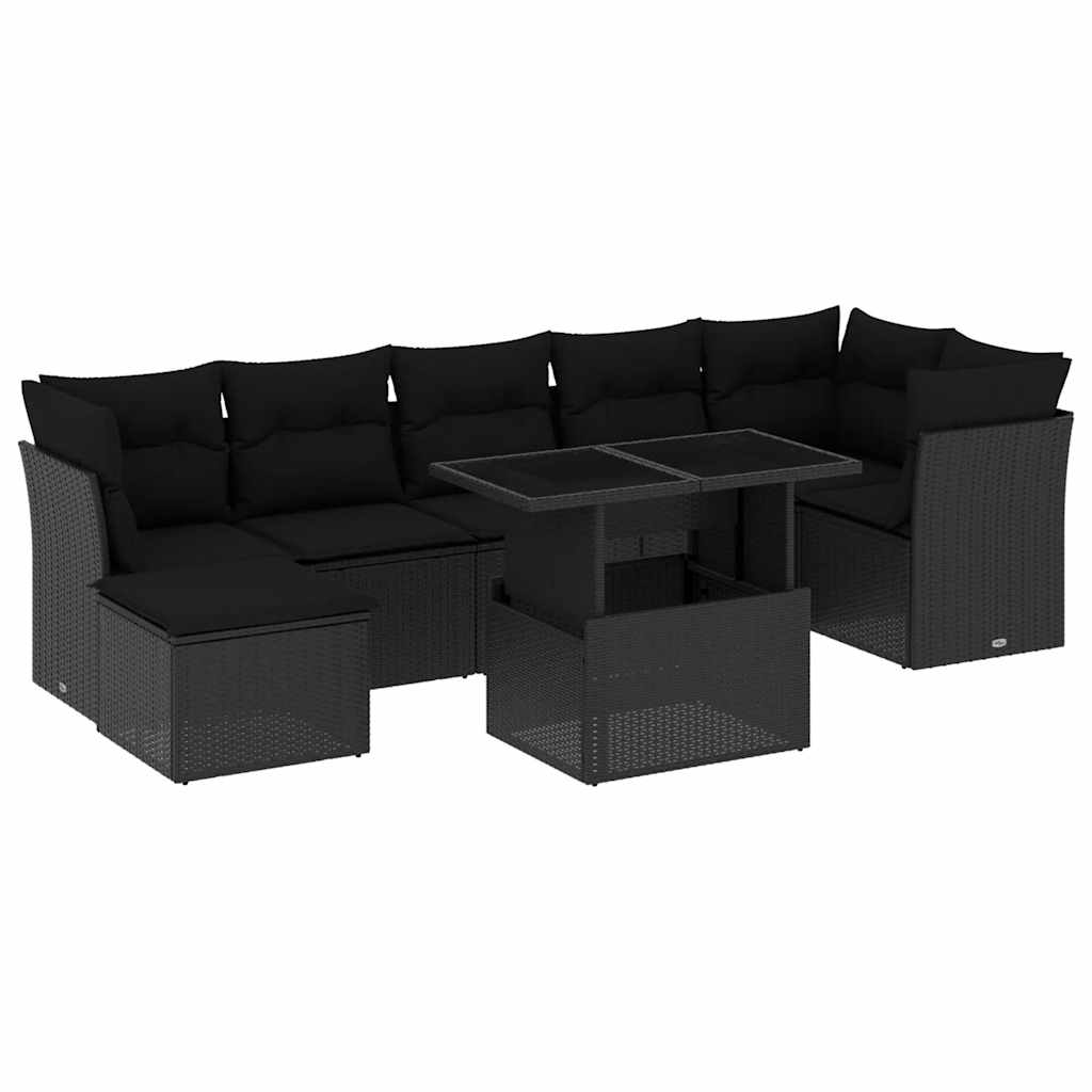 Salon de jardin 8 pcs avec coussins noir résine tressée