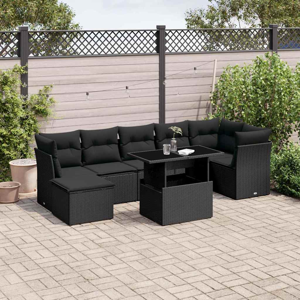 Salon de jardin 8 pcs avec coussins noir résine tressée