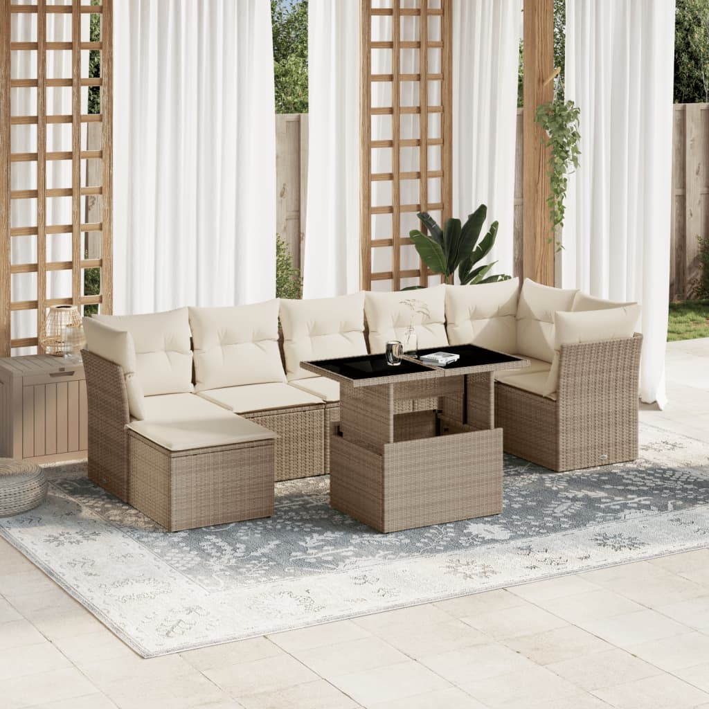 Salon de jardin avec coussins 8 pcs beige résine tressée