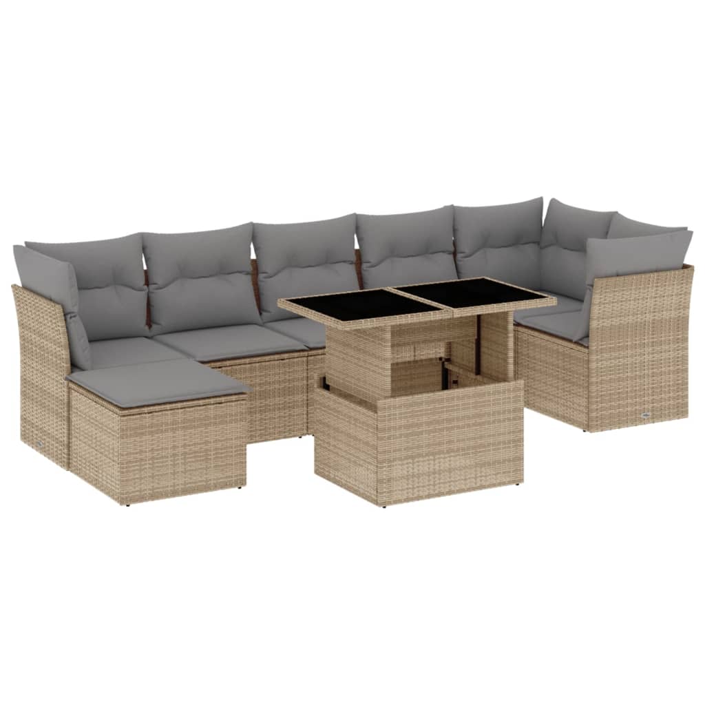 Salon de jardin avec coussins 8 pcs beige résine tressée