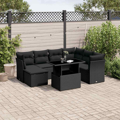 Salon de jardin 8 pcs avec coussins noir résine tressée