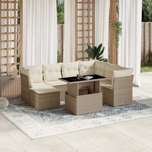 Salon de jardin avec coussins 8 pcs beige résine tressée