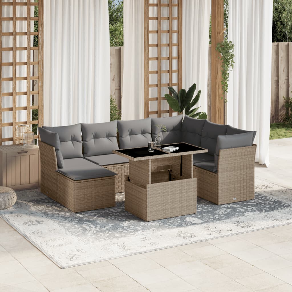 Salon de jardin avec coussins 8 pcs beige résine tressée