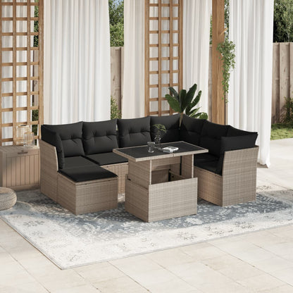 Salon de jardin 8 pcs avec coussins gris clair résine tressée