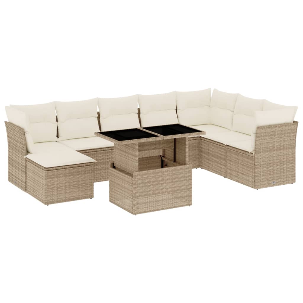 Salon de jardin avec coussins 9 pcs beige résine tressée