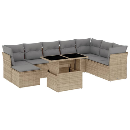 Salon de jardin avec coussins 9 pcs beige résine tressée