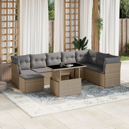 Salon de jardin avec coussins 9 pcs beige résine tressée