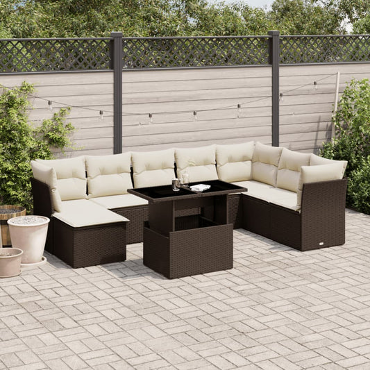 Salon de jardin avec coussins 9 pcs marron résine tressée