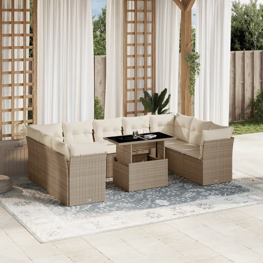 Salon de jardin avec coussins 10 pcs beige résine tressée