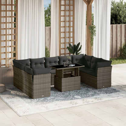 Salon de jardin avec coussins 10 pcs gris résine tressée