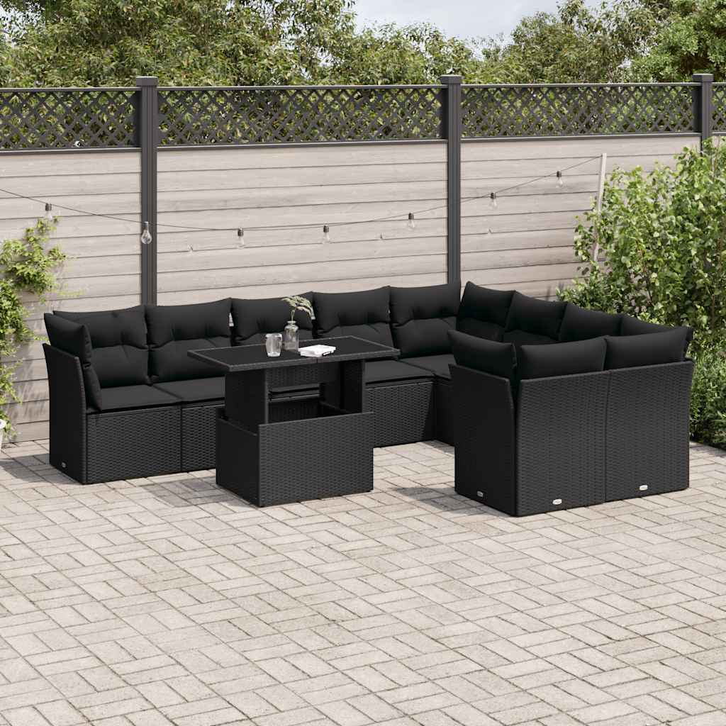 Salon de jardin 10 pcs avec coussins noir résine tressée