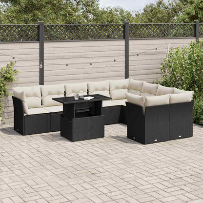 Salon de jardin 10 pcs avec coussins noir résine tressée