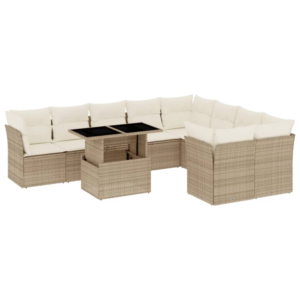 Salon de jardin avec coussins 10 pcs beige résine tressée