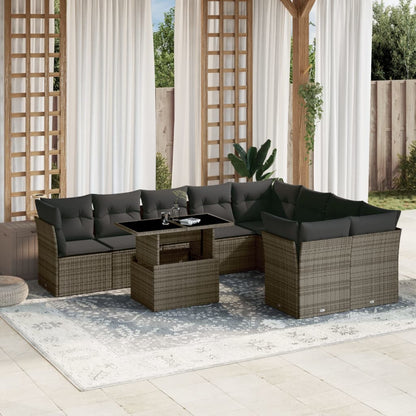 Salon de jardin avec coussins 10 pcs gris résine tressée