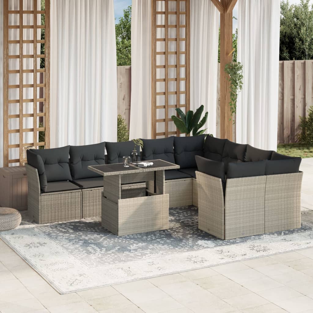 Salon de jardin avec coussins 10 pcs gris clair résine tressée