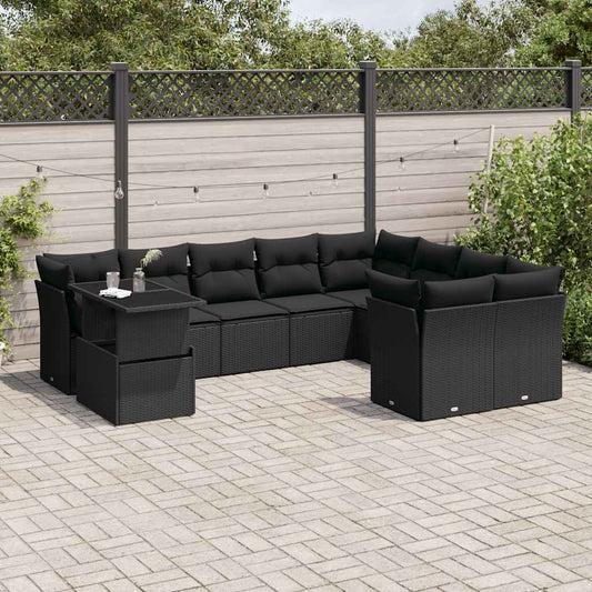 Salon de jardin 10 pcs avec coussins noir résine tressée