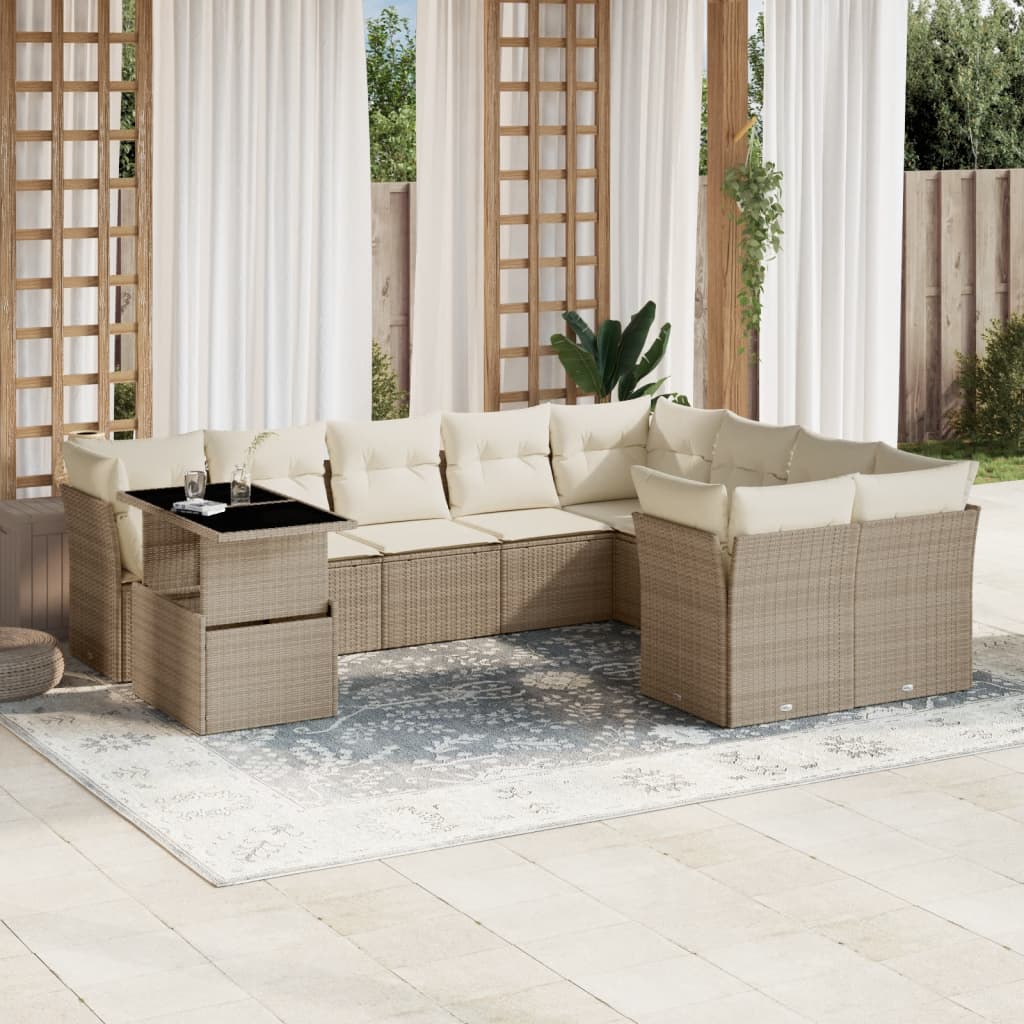 Salon de jardin avec coussins 10 pcs beige résine tressée