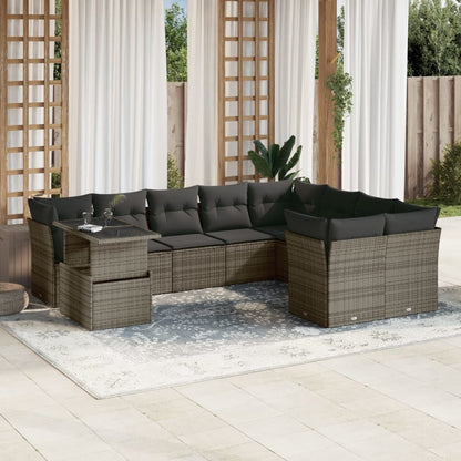 Salon de jardin avec coussins 10 pcs gris résine tressée