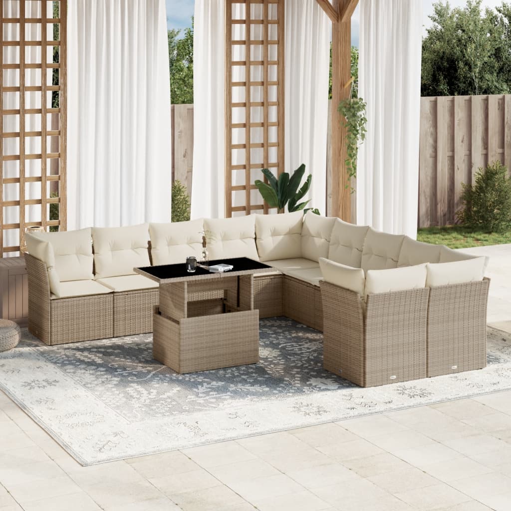 Salon de jardin 11 pcs avec coussins beige résine tressée