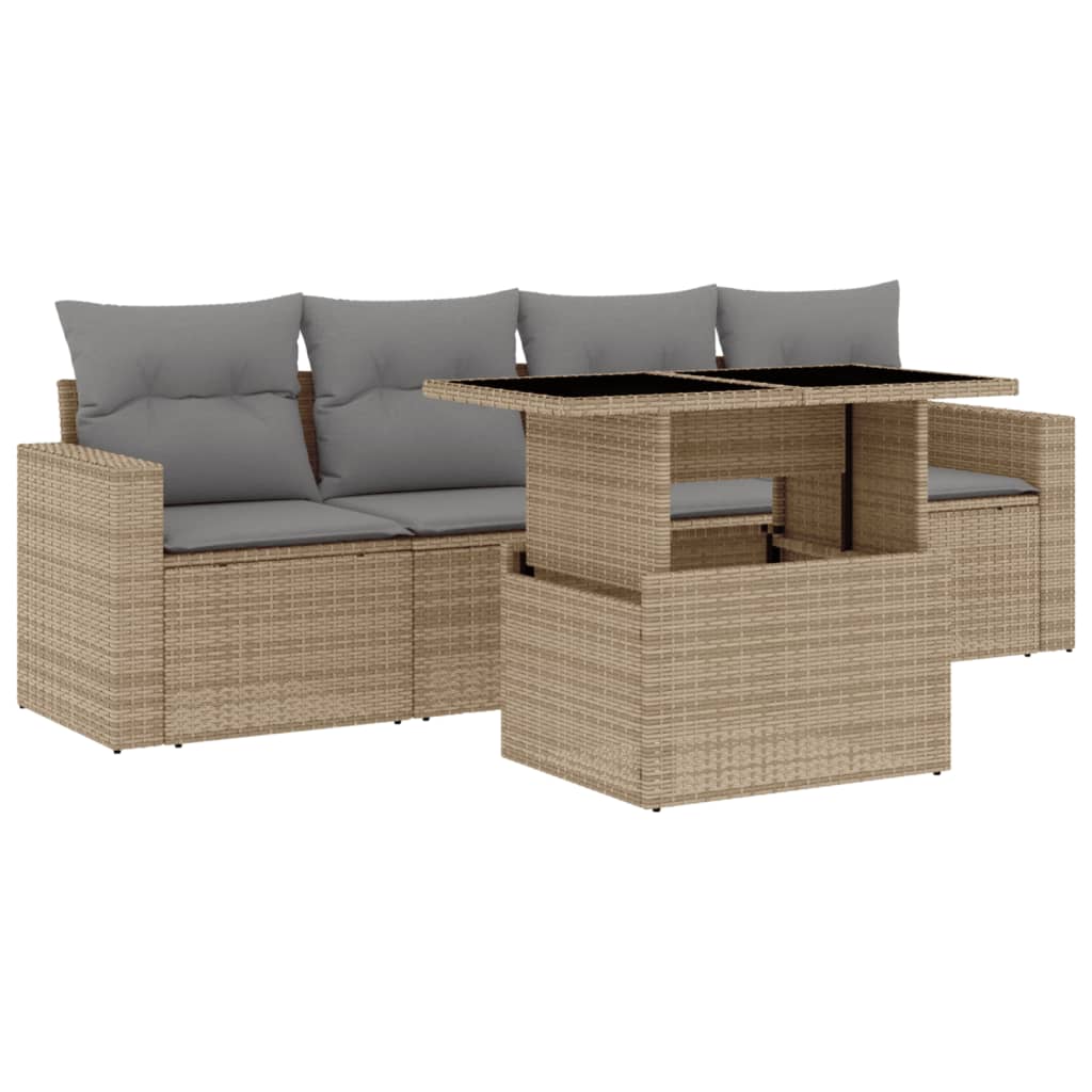 Salon de jardin avec coussins 5 pcs beige résine tressée