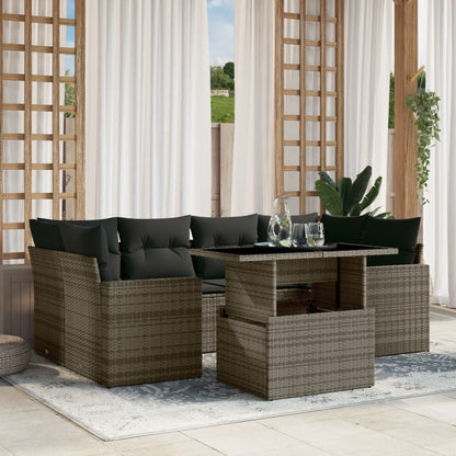 Salon de jardin avec coussins 7 pcs gris résine tressée