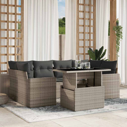 Salon de jardin avec coussins 7 pcs gris clair résine tressée