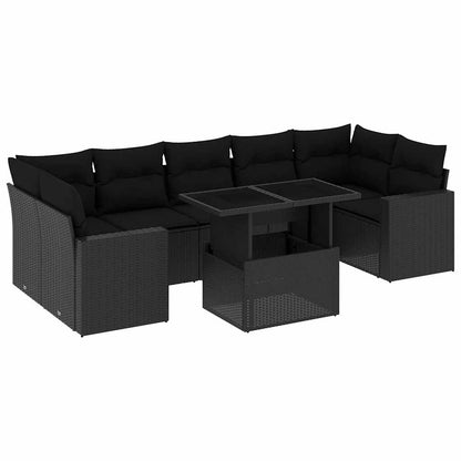 Salon de jardin 8 pcs avec coussins noir résine tressée