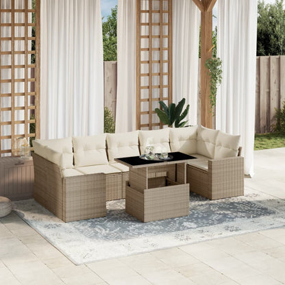 Salon de jardin avec coussins 8 pcs beige résine tressée