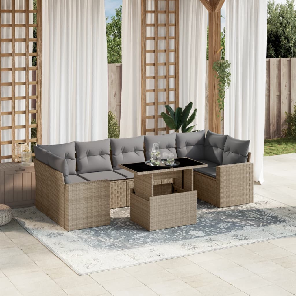 Salon de jardin avec coussins 8 pcs beige résine tressée