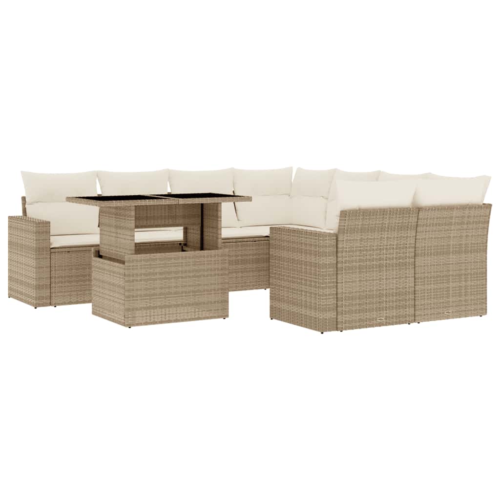 Salon de jardin avec coussins 9 pcs beige résine tressée