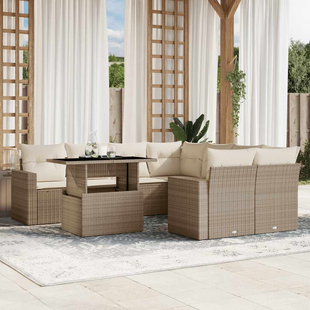 Salon de jardin avec coussins 9 pcs beige résine tressée