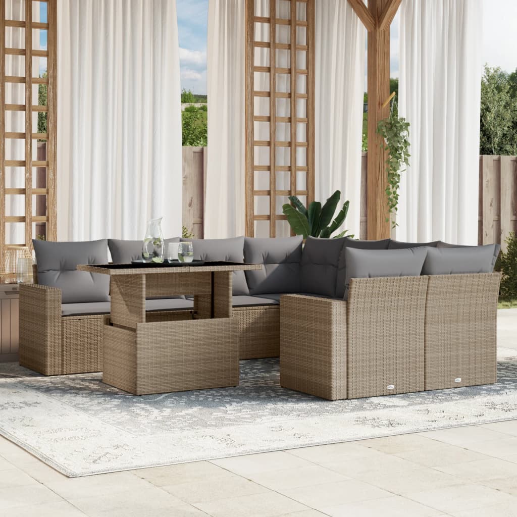 Salon de jardin avec coussins 9 pcs beige résine tressée