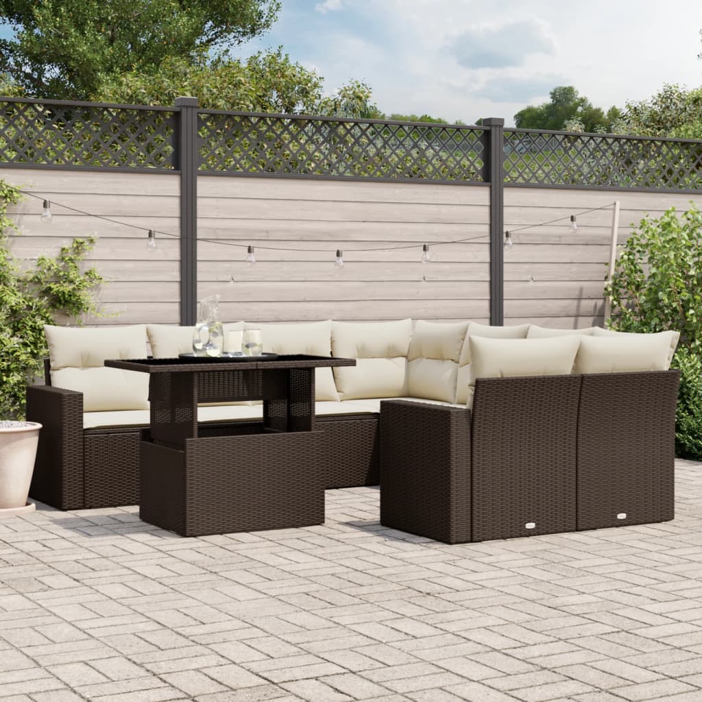 Salon de jardin avec coussins 9 pcs marron résine tressée