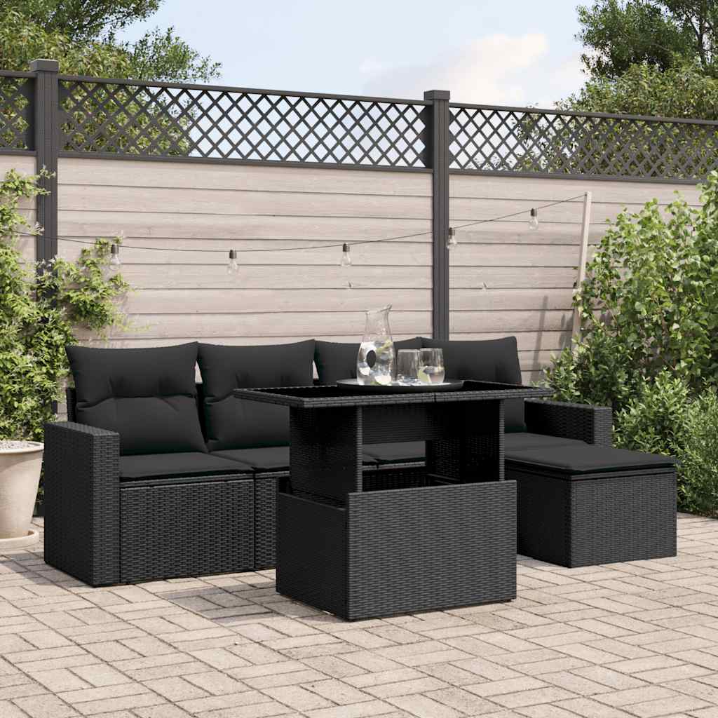 Salon de jardin 6 pcs avec coussins noir résine tressée