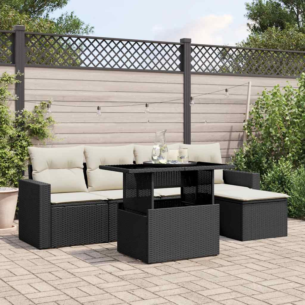 Salon de jardin 6 pcs avec coussins noir résine tressée