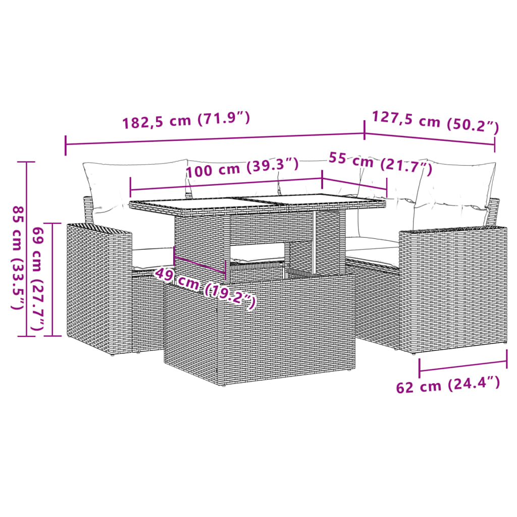 Salon de jardin avec coussins 5 pcs beige résine tressée