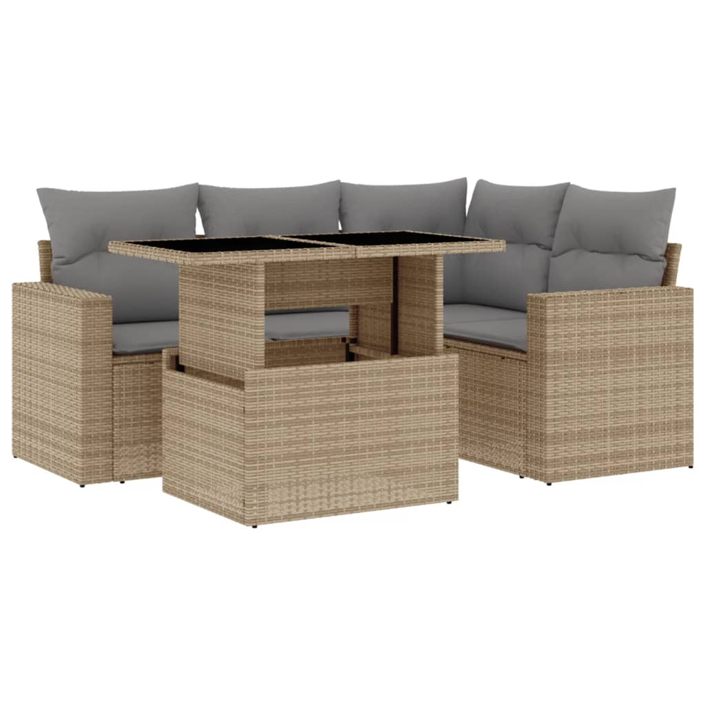 Salon de jardin avec coussins 5 pcs beige résine tressée