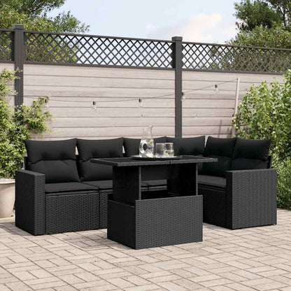 Salon de jardin 6 pcs avec coussins noir résine tressée