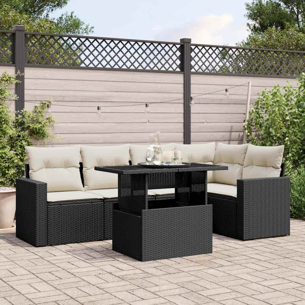 Salon de jardin 6 pcs avec coussins noir résine tressée